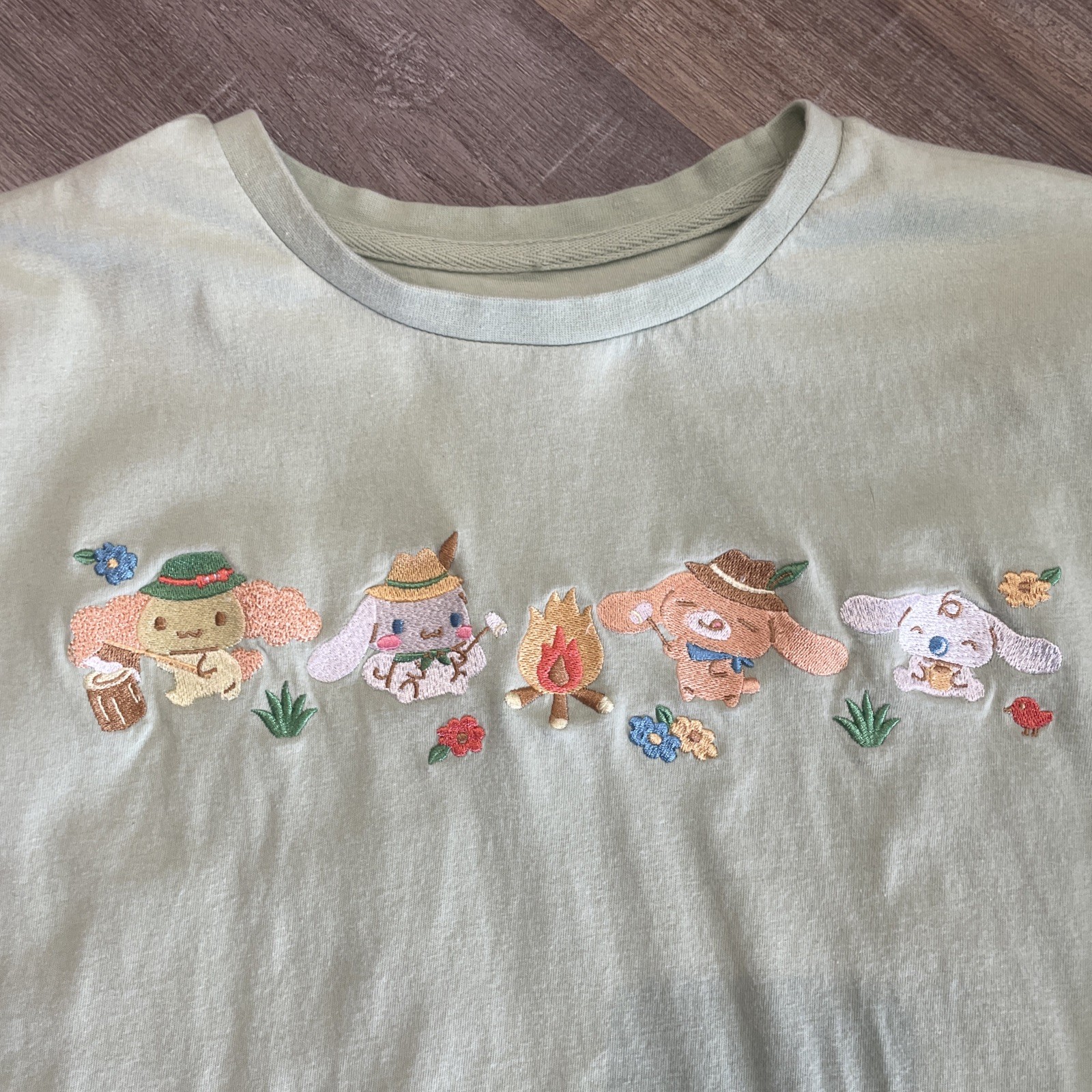 Sanrio Cinnamoroll TShirt Camping Embroidered Green Camp Fire Medium Hello Kitty