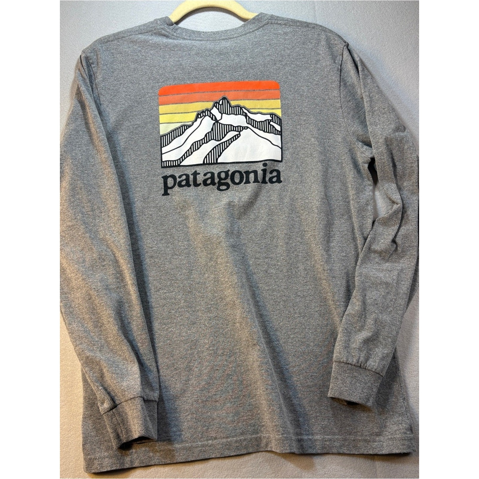 Patagonia Gray Long Sleeve Tee with Orange and Yellow Sunset Graphic