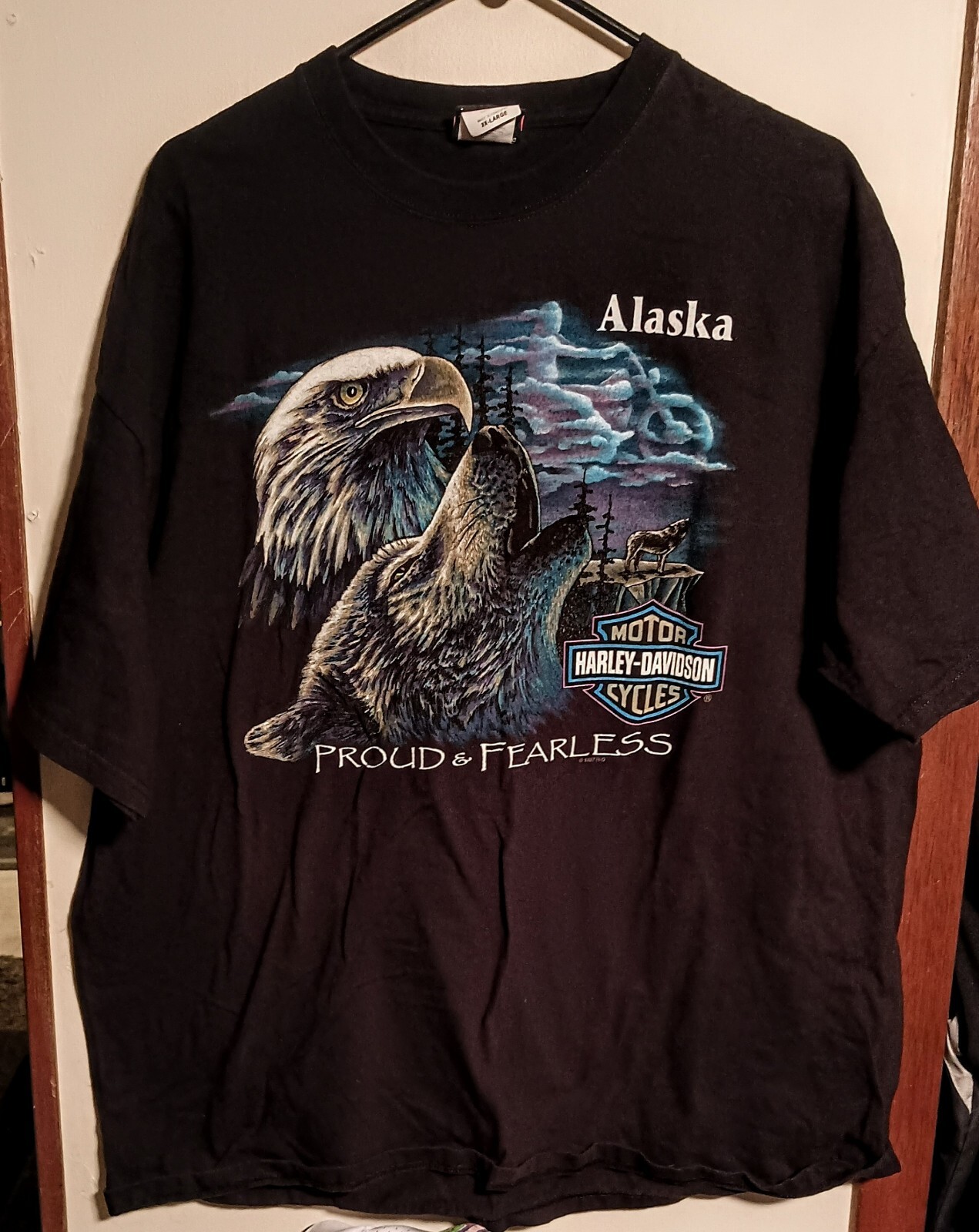 Harley Davidson Proud And Fearless Wolf & Eagle T-Shirt Mens 2XL Vintage Alaska