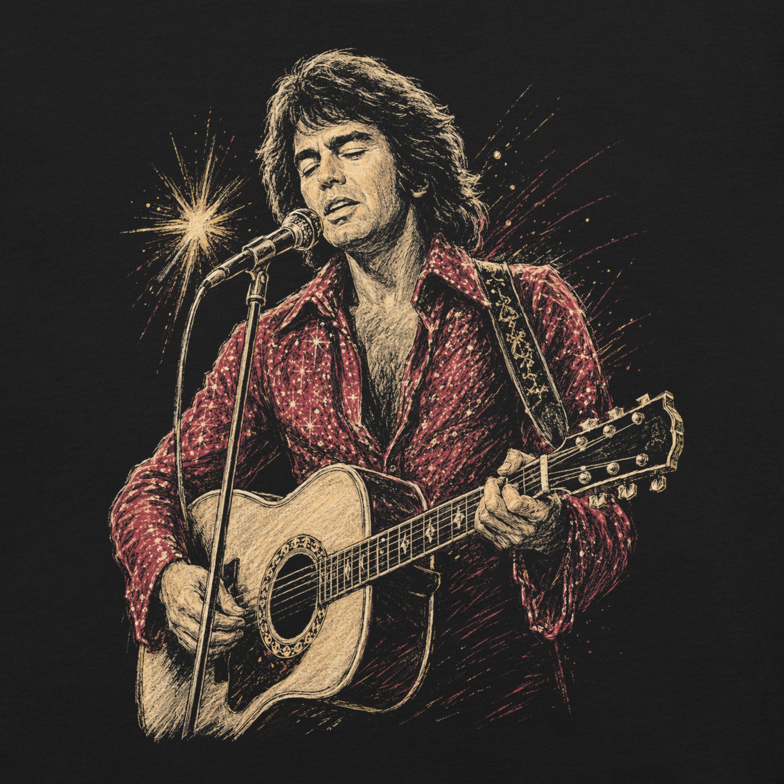 Neil Diamond Tribute T-Shirt Classic Rock Legend Acoustic Guitar Tee XS-5XL