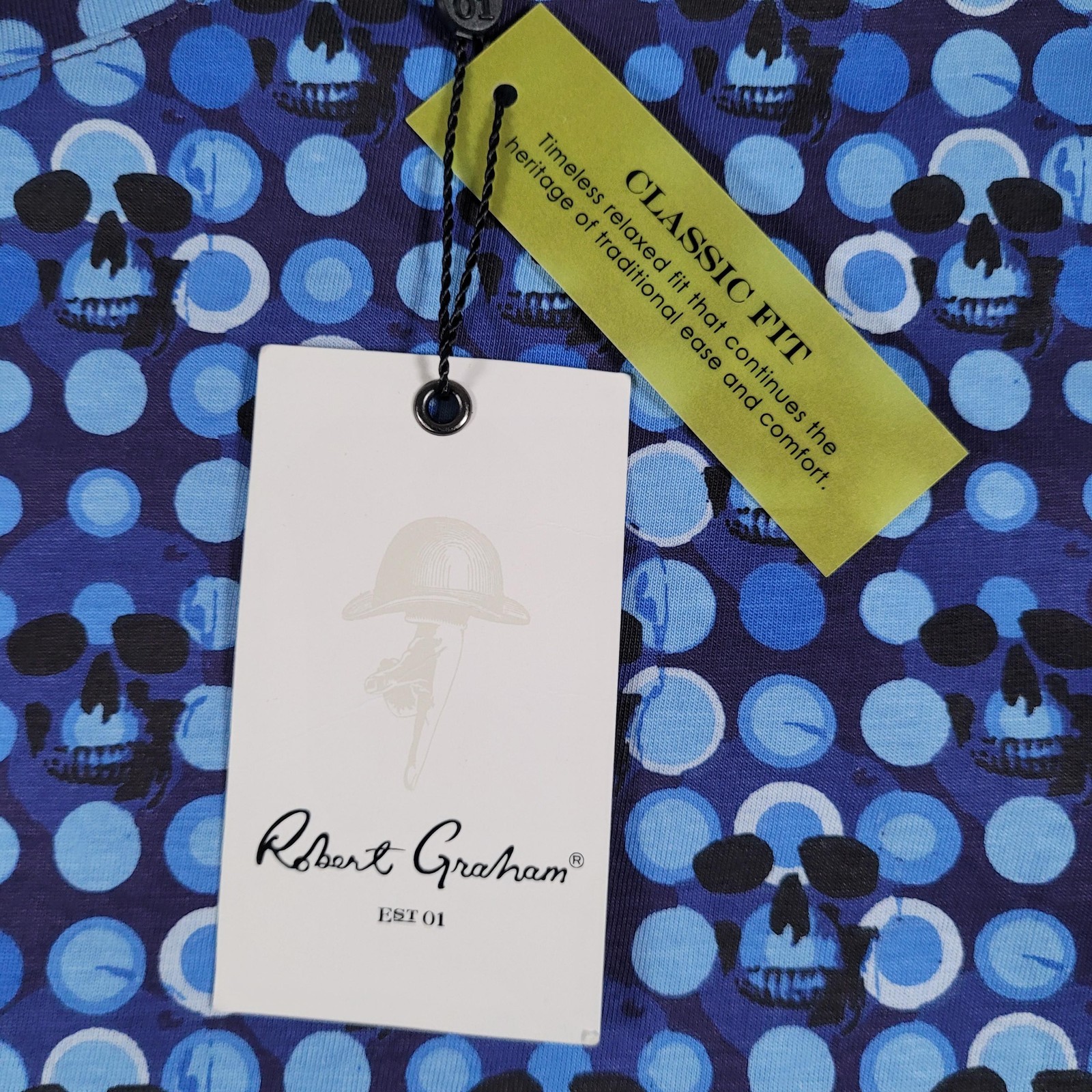 Robert Graham Shirt Mens XS Blue Spotted Skulls Classic Fit Graphic Tee Designer