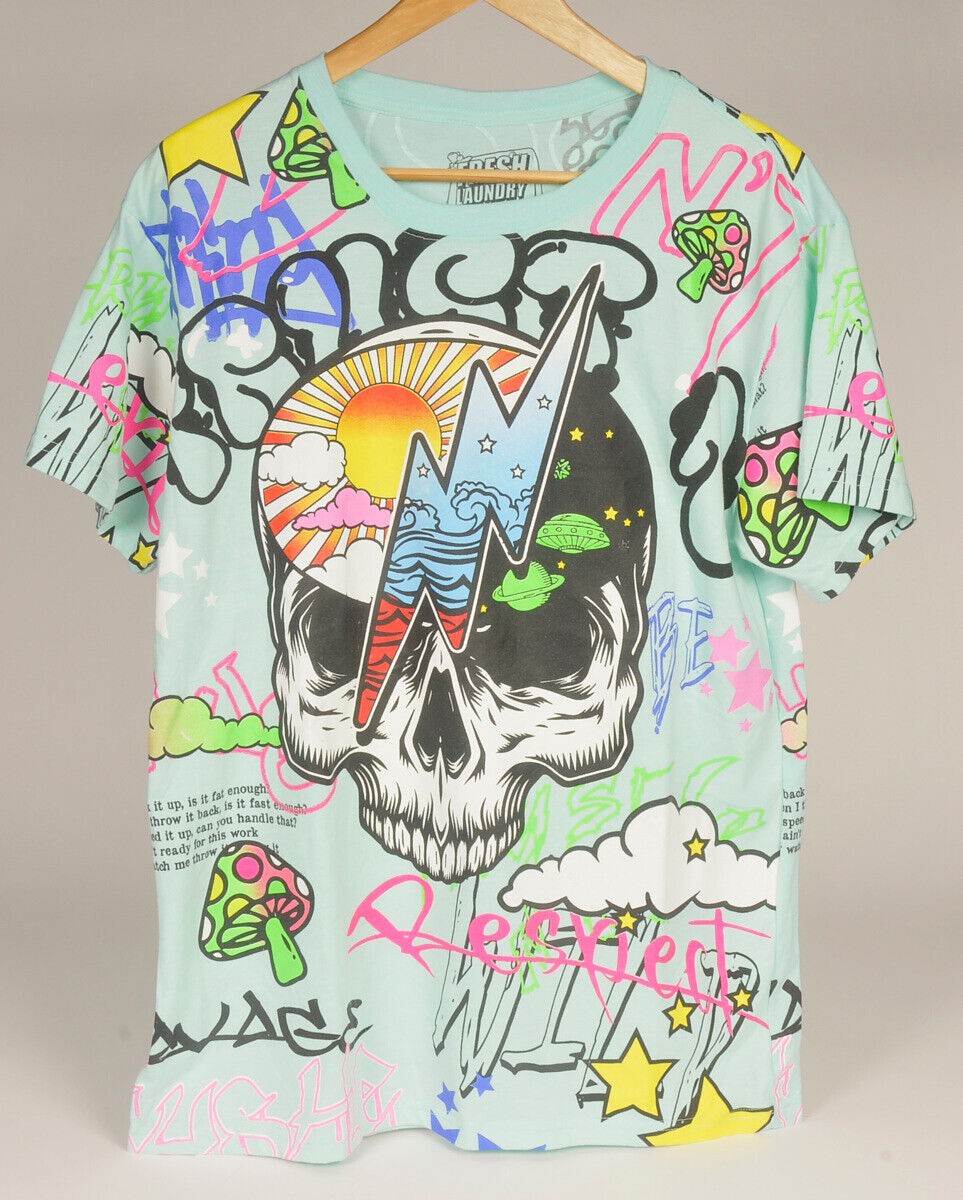 Fresh Laundry Blue Men&rsquo;s Graffiti Skull Urban Street Wear Retro T-Shirt Size L