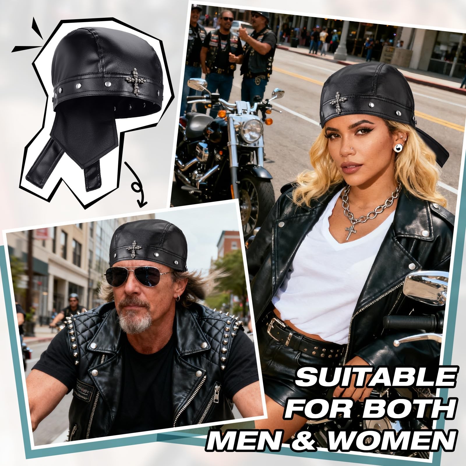 PU Leather Biker Cap with Metal Cross, Classic Fashion Leather Biker Hat Unis…