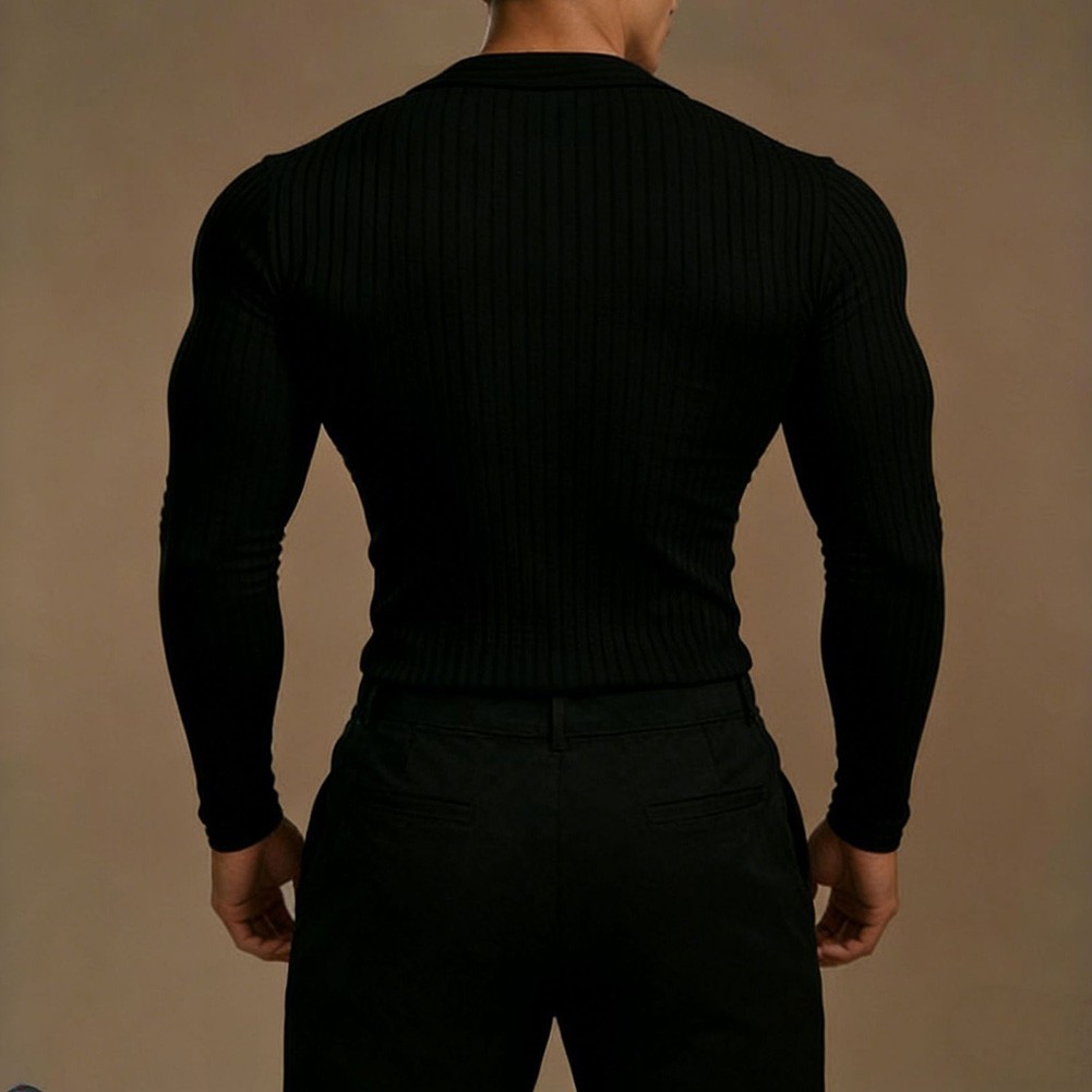 Men&rsquo;s Athletic Pullover Top with V Neck Long Sleeves and Bold Stripe Design