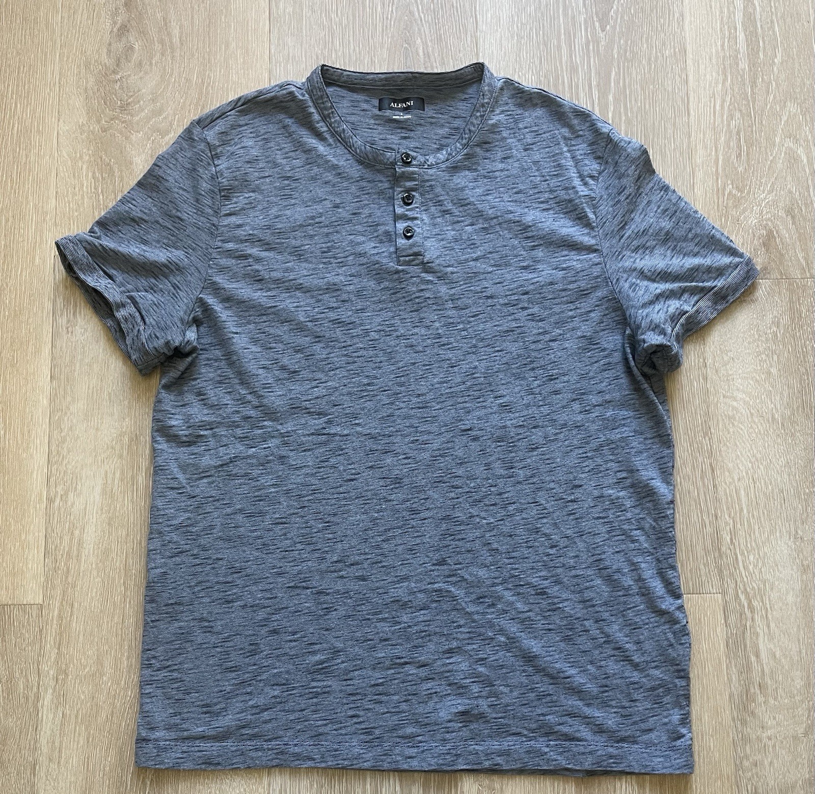 Alfani Mens L Heathered Blue Gray Short Sleeve Stretch Henley Shirt