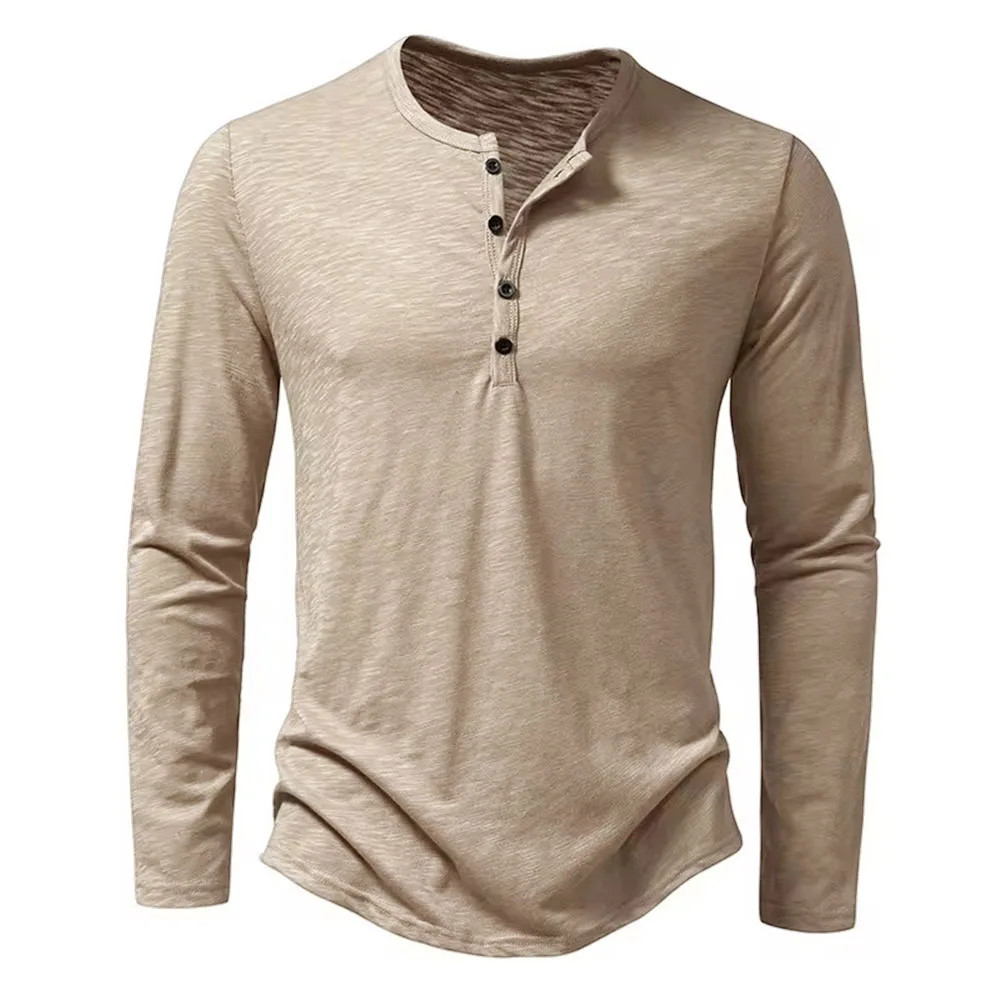 Autumn New Men&rsquo;s Cotton Button Long Sleeve Henley Neck T-Shirt Casual Solid
