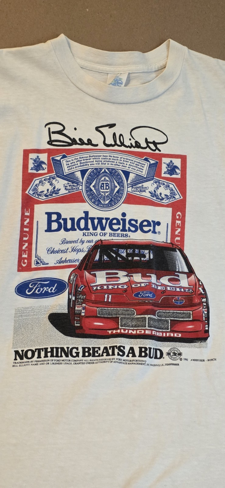 Vintage 1992 Bill Elliott #11 Budweiser NASCAR Single Stitch T-SHIRT Large. READ