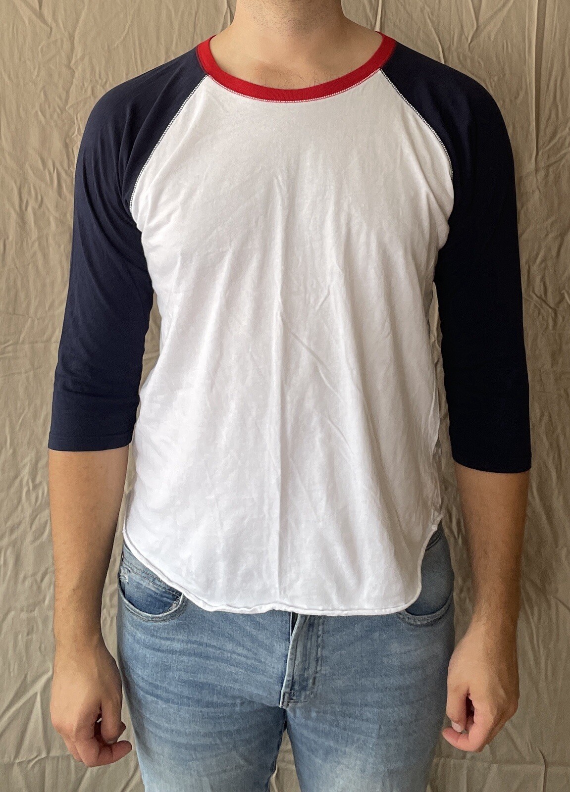 LAT Men&rsquo;s Size L Red White & Blue 3/4 Sleeve Baseball Raglan Tee