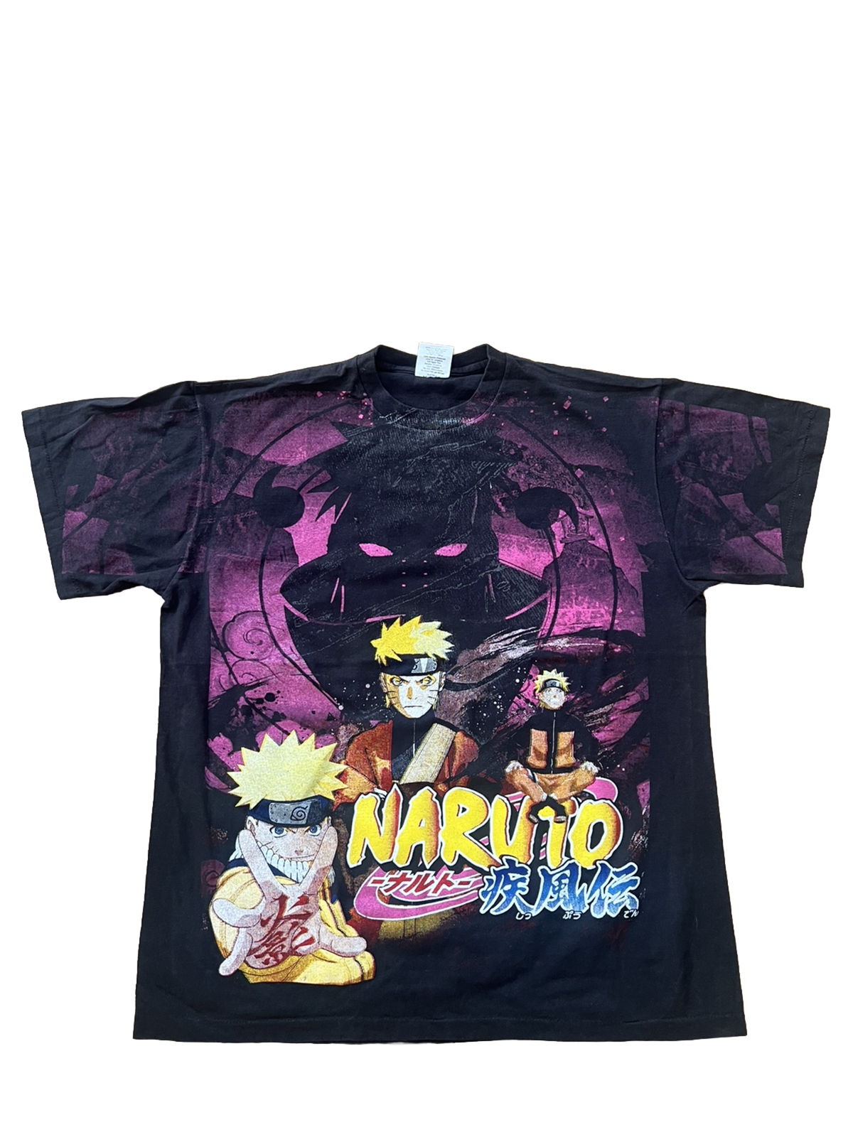 Naruto Sasuke Anime T-Shirt AOP Reprint Boot Black Pink Mens XL Single Stitch