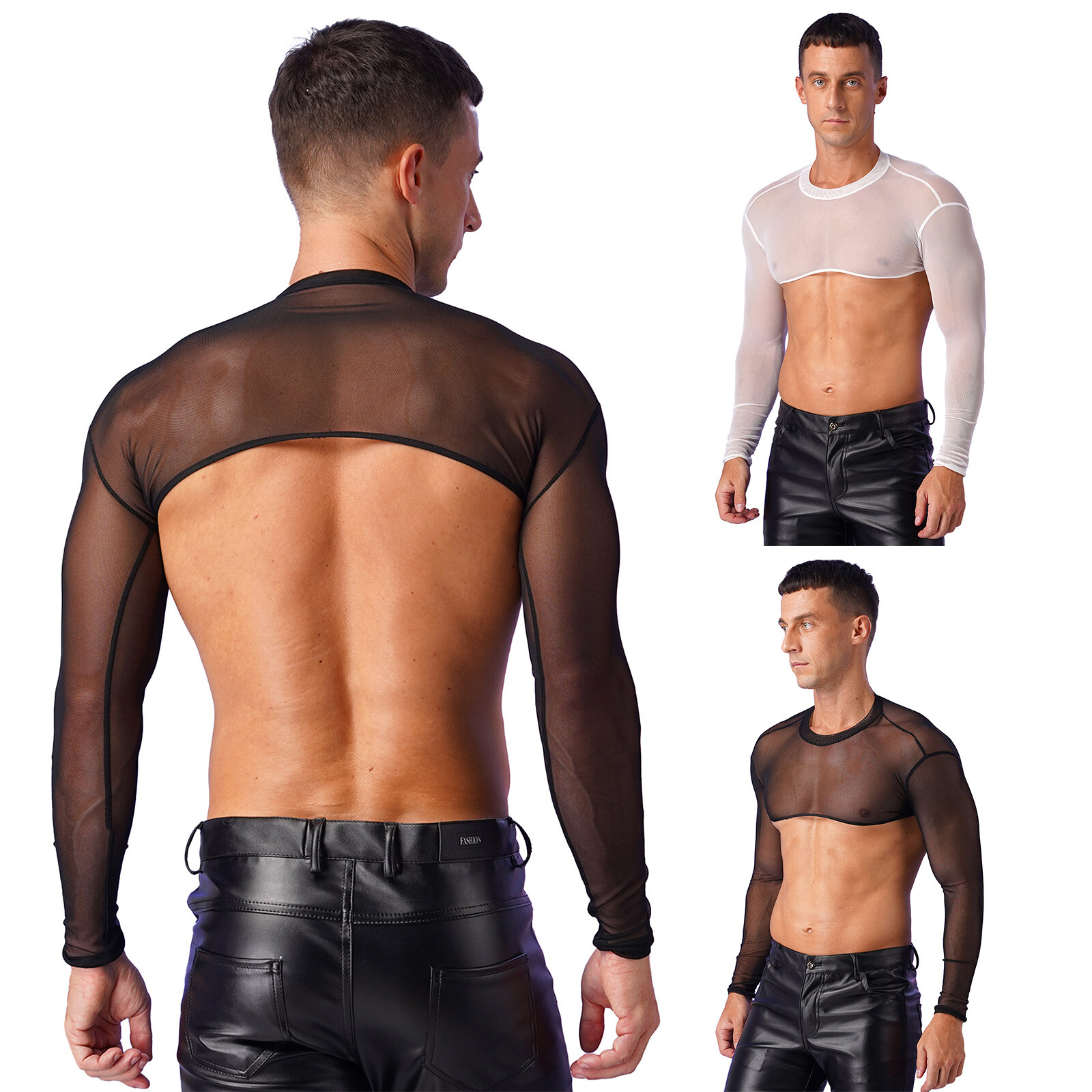 US Mens Sheer Mesh T-Shirt Stand Collar Long Sleeve Crop Tops Shrug Top Clubwear