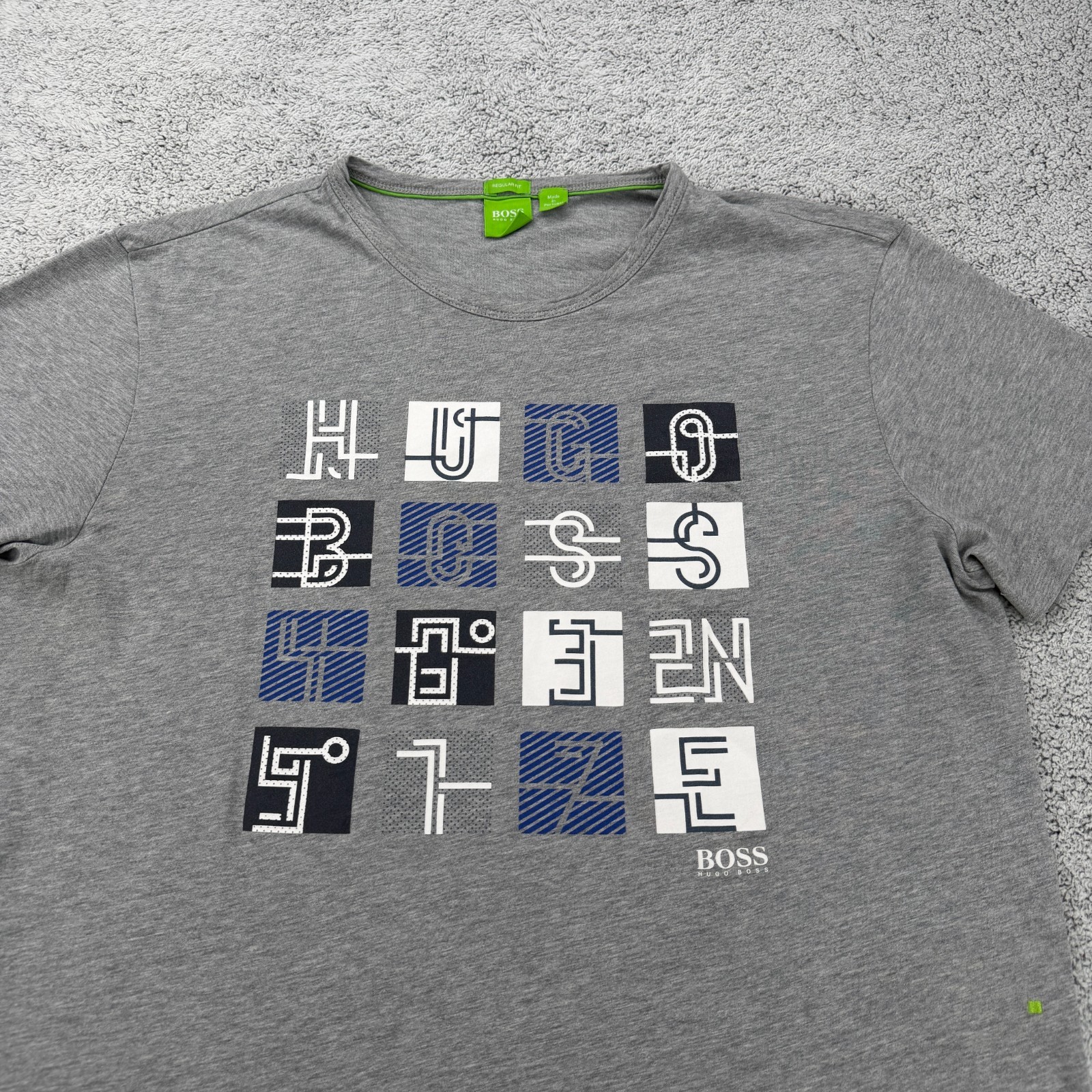 Hugo Boss Shirt Men Large Gray Short Sleeve Logo Grid Spellout Crewneck Tee Y2K