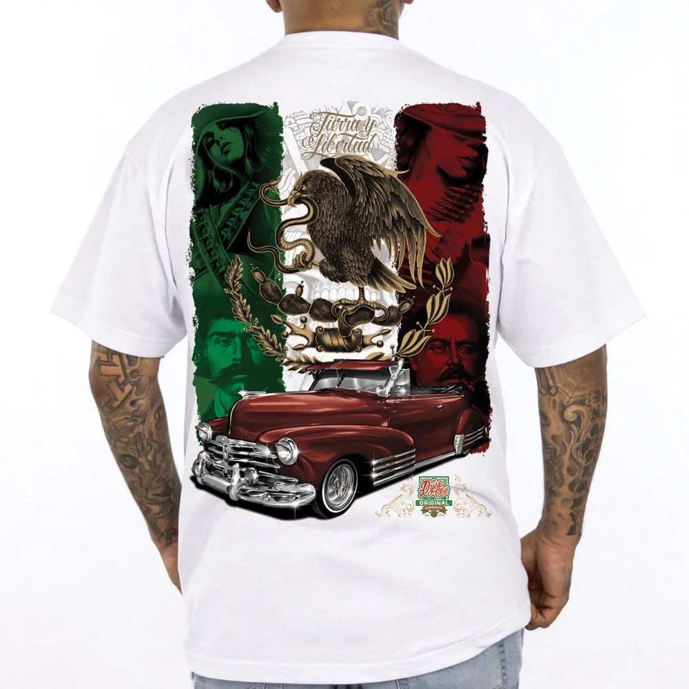 Tierra Y Libertad Men&rsquo;s Shirt White Dyse One Chicano Art Mexican Flag Mexico