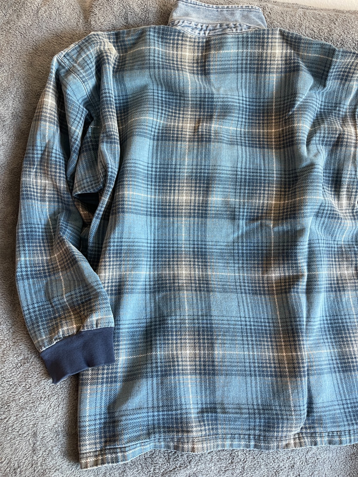 Vintage Structure Flannel Shirt L Blue Plaid Denim Collar Made in USA 90s