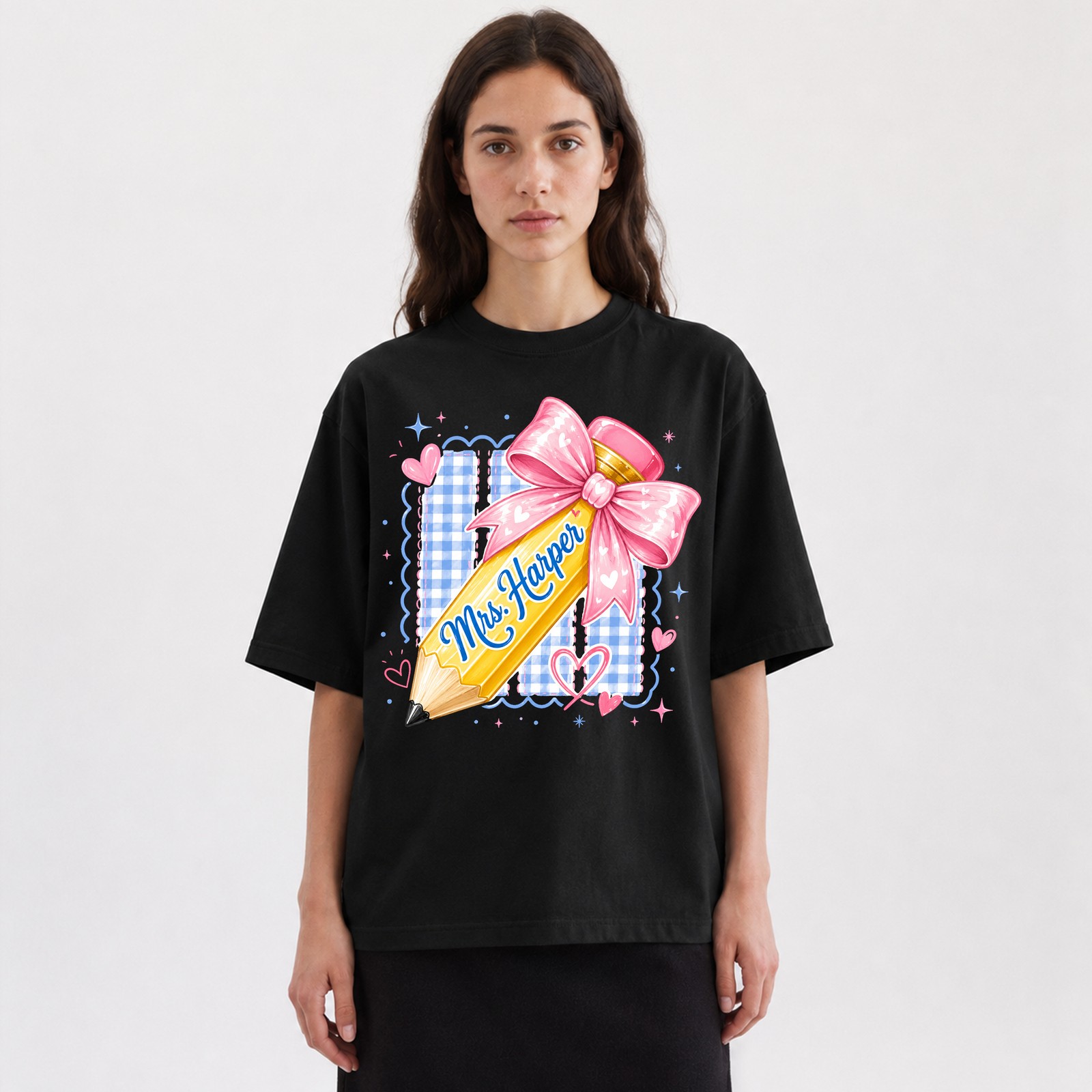 Personalized Pencil Bow Gingham T-Shirt Personalized Teacher Pencil Tee