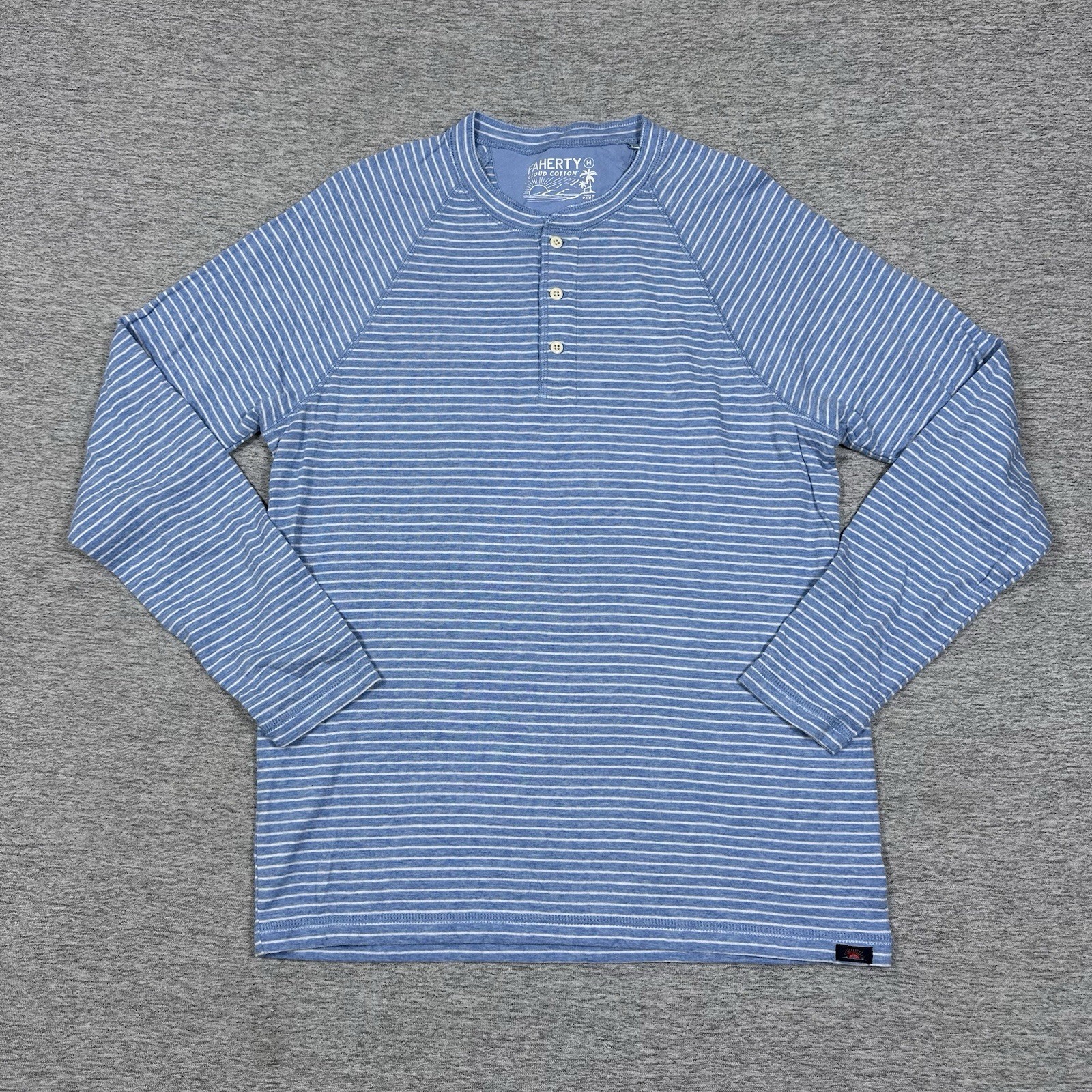 Faherty Shirt Mens Medium Blue Striped Cloud Cotton Henley Long Sleeve Preppy