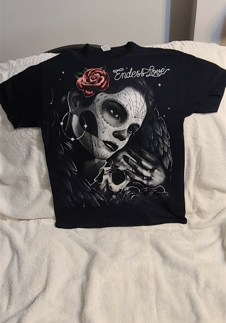 DAY OF THE DEAD WOMAN SKULL ROSE FLOWER ENDLESS LOVE T-SHIRT