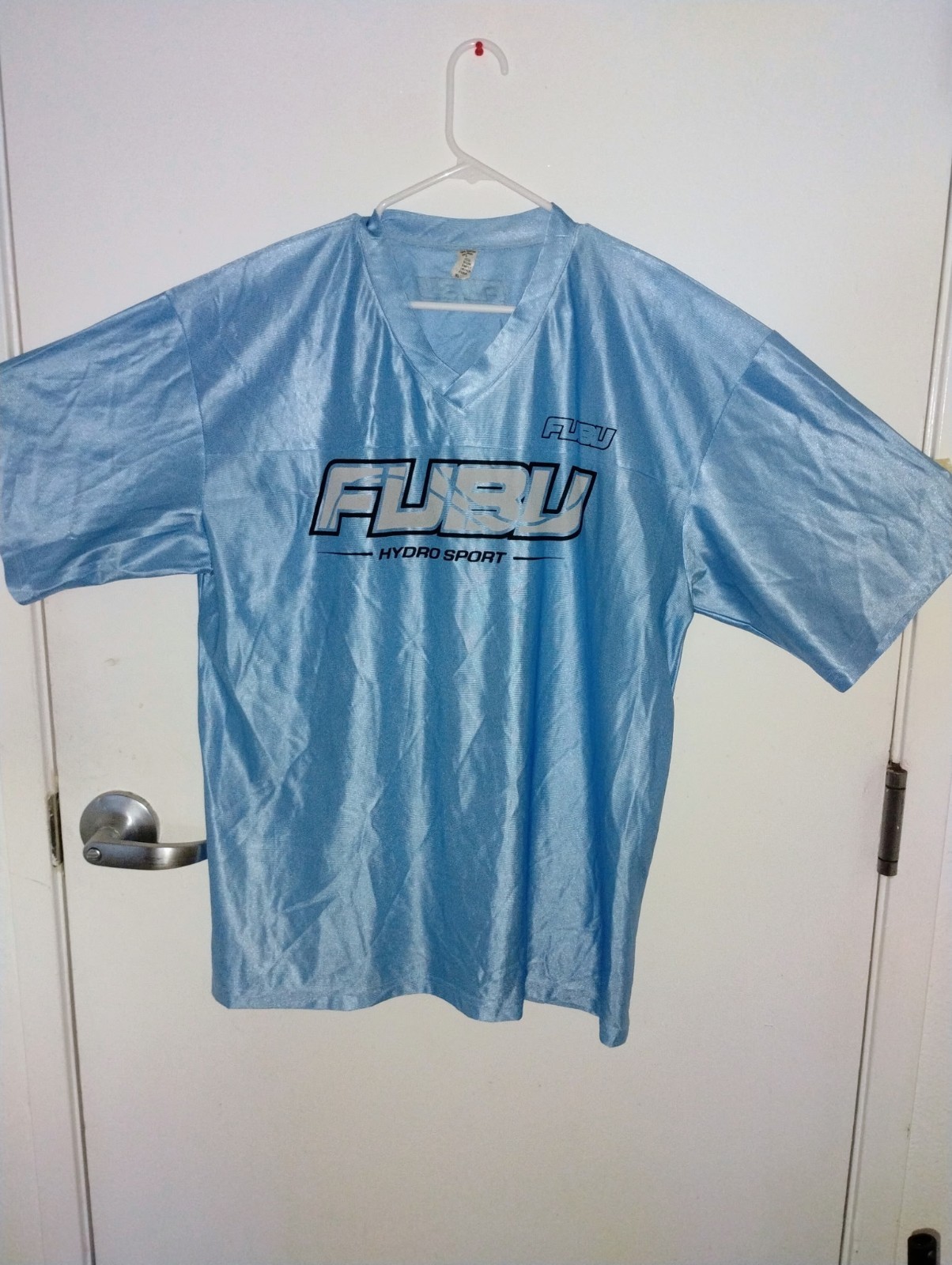 FUBU Men&rsquo;s Hydro Sport Logo Tee Blue Polyester Satin V-Neck Short Sleeve XL
