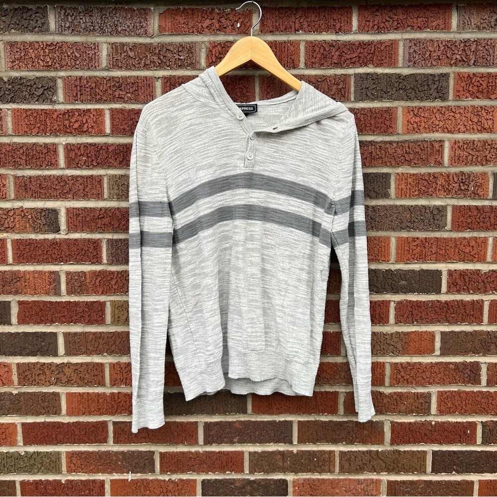 Express Marled Gray and Dark Gray Striped Knitted Button Hoodie Sweater