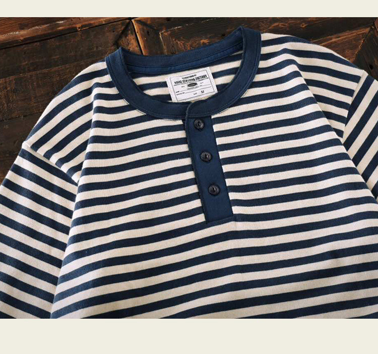 Men Classic Henry Shirt Sailor Striped T-Shirt Cotton Deck Sea Undershirt Causal