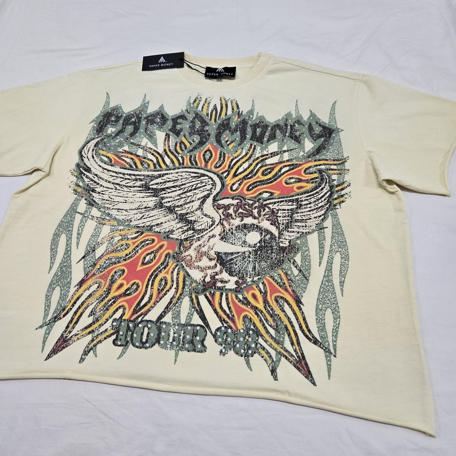 NWT Sz M Oversized* Paper Money 98&prime; Tour Rhinestone Graphic Tee Bone Beige Shirt