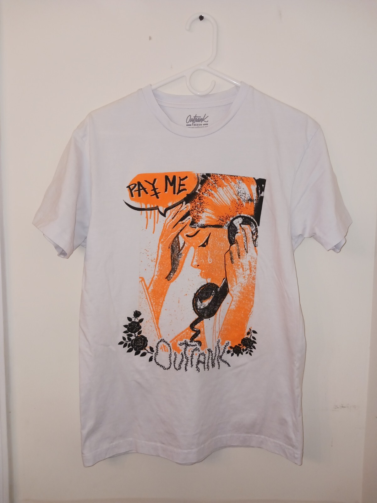 OUTRANK « PAY ME, CRYING » Men&rsquo;s Medium White TSHIRT Orange/Blk Graphic, Money 💰