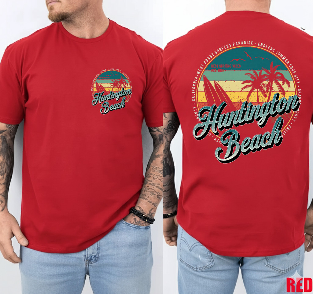 2 Sided Huntington Beach Surf City California Vintage Badge T-Shirt