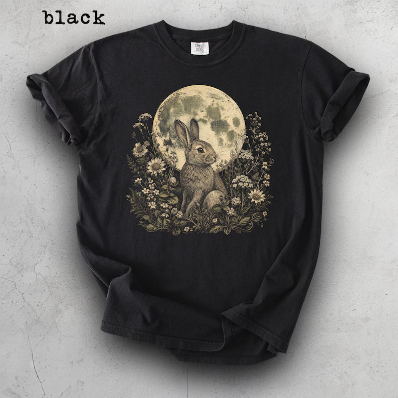 Moonlit Floral Bunny Graphic Comfort Tee Nature Animal Shirt