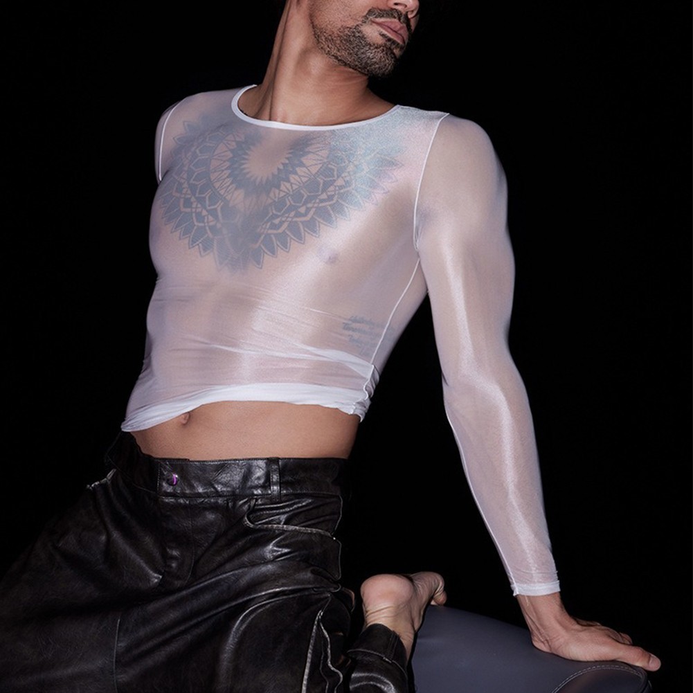 Sexy Lingerie Men&rsquo;s Oil Shiny Long Sleeve Sheer Tights O Neck Top Shirt