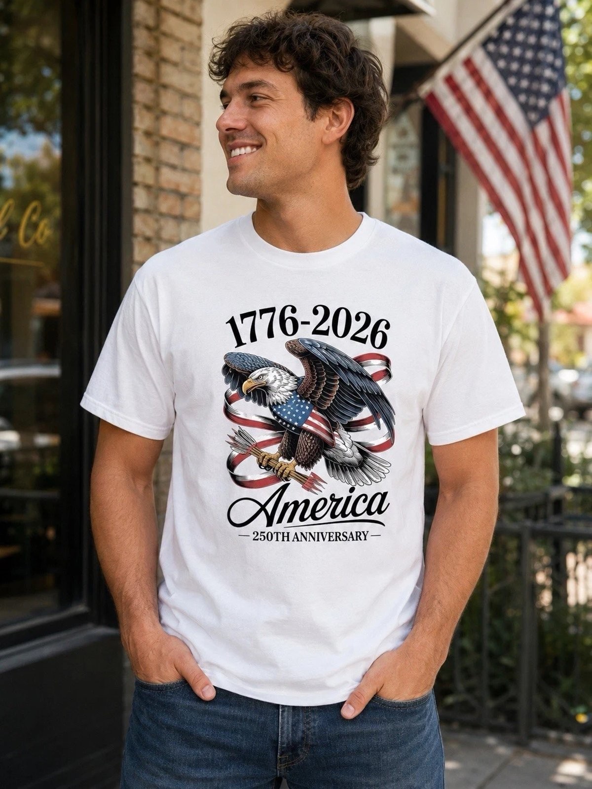 America 250th Eagle Back Print Patriotic Graphic Tee Mens Vintage Cotton