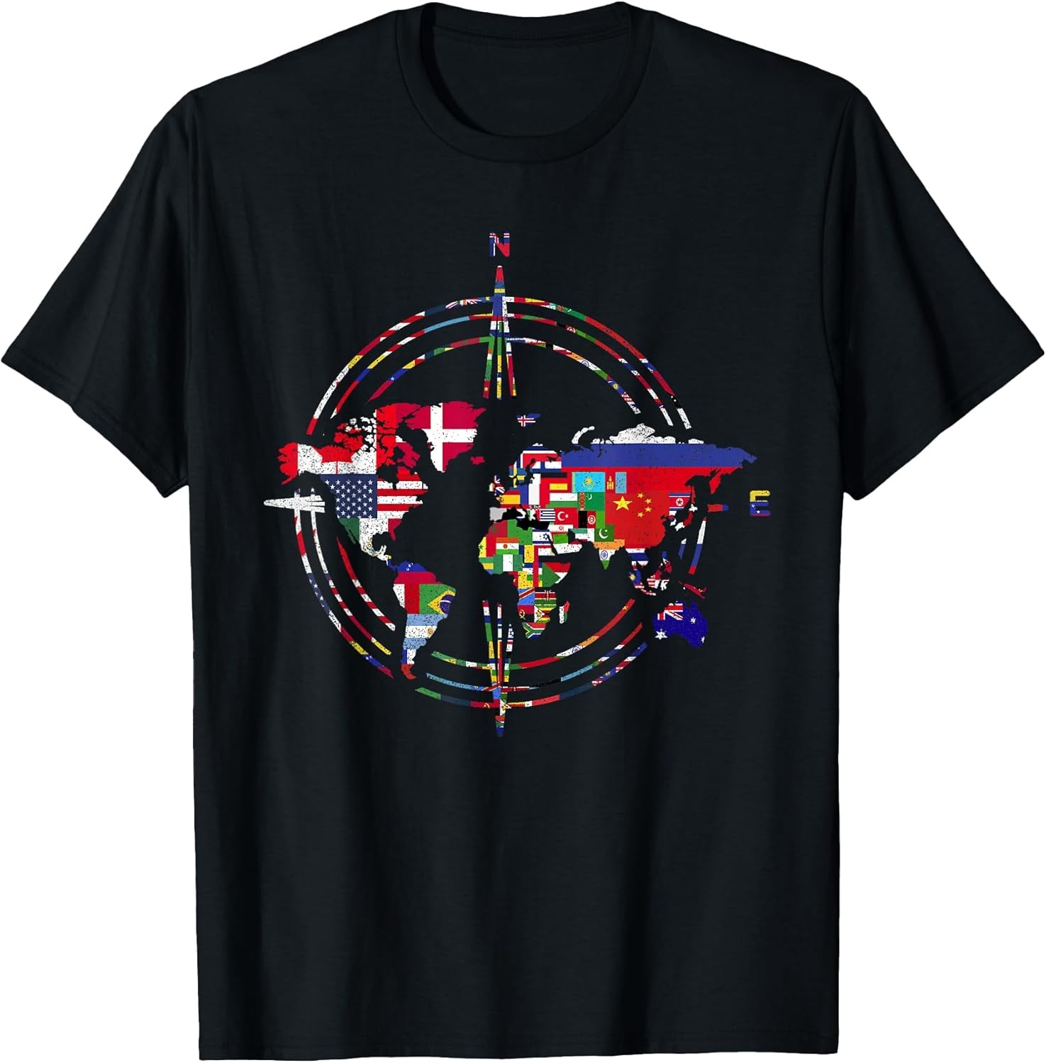 NEW LIMITED International Flags Compass World Travel World Map T-Shirt