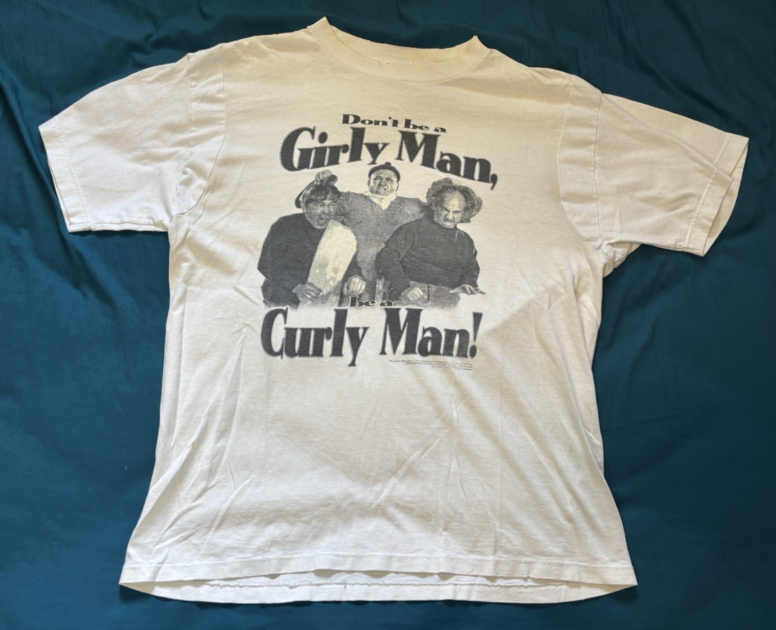 Vintage Three Stooges Shirt Mens Medium White Girly Curly Man 90s REPAIRED FLAWS