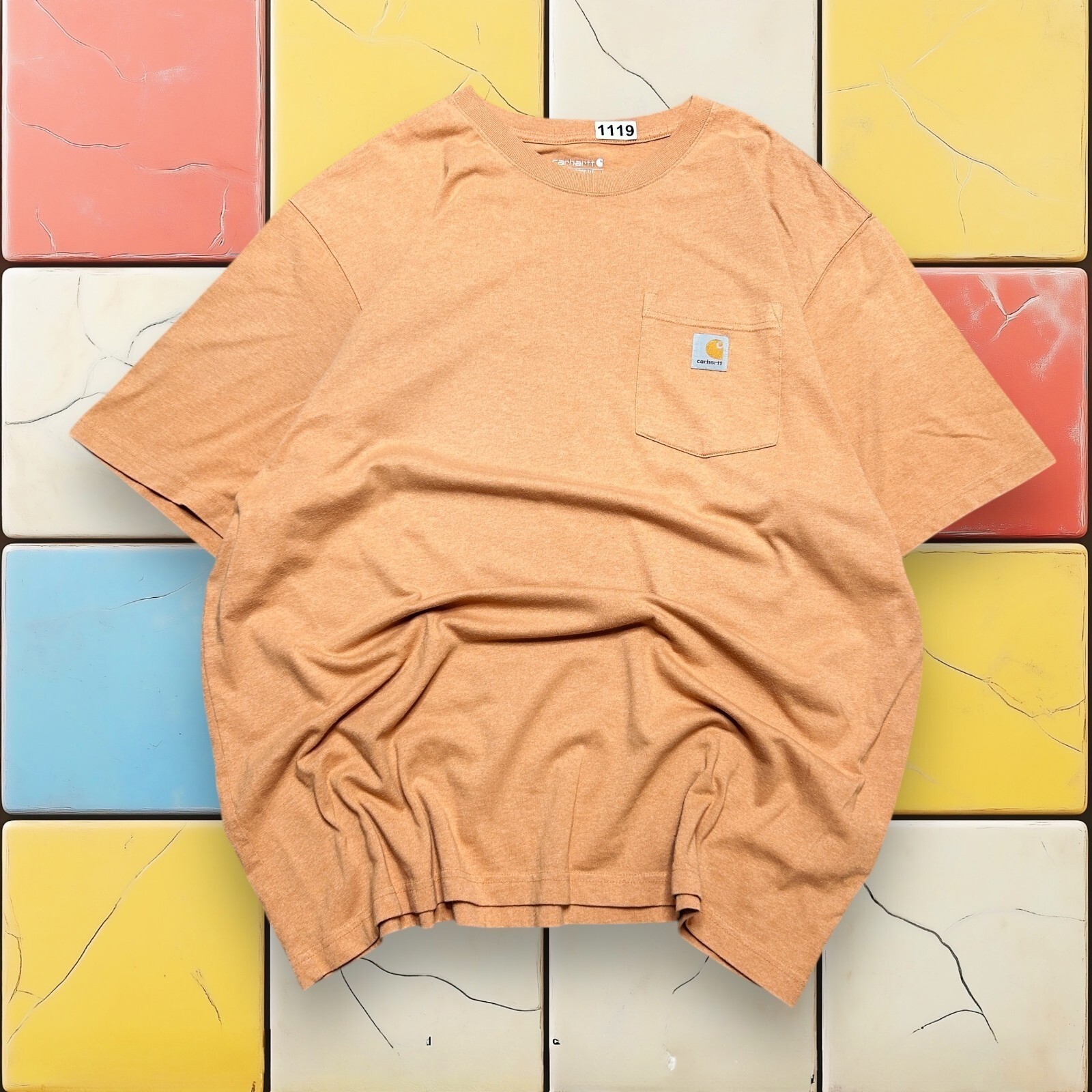 Y2K Carhartt Mens T-Shirt Loose Fit Pocket Tee Workwear Peach Orange Size XL