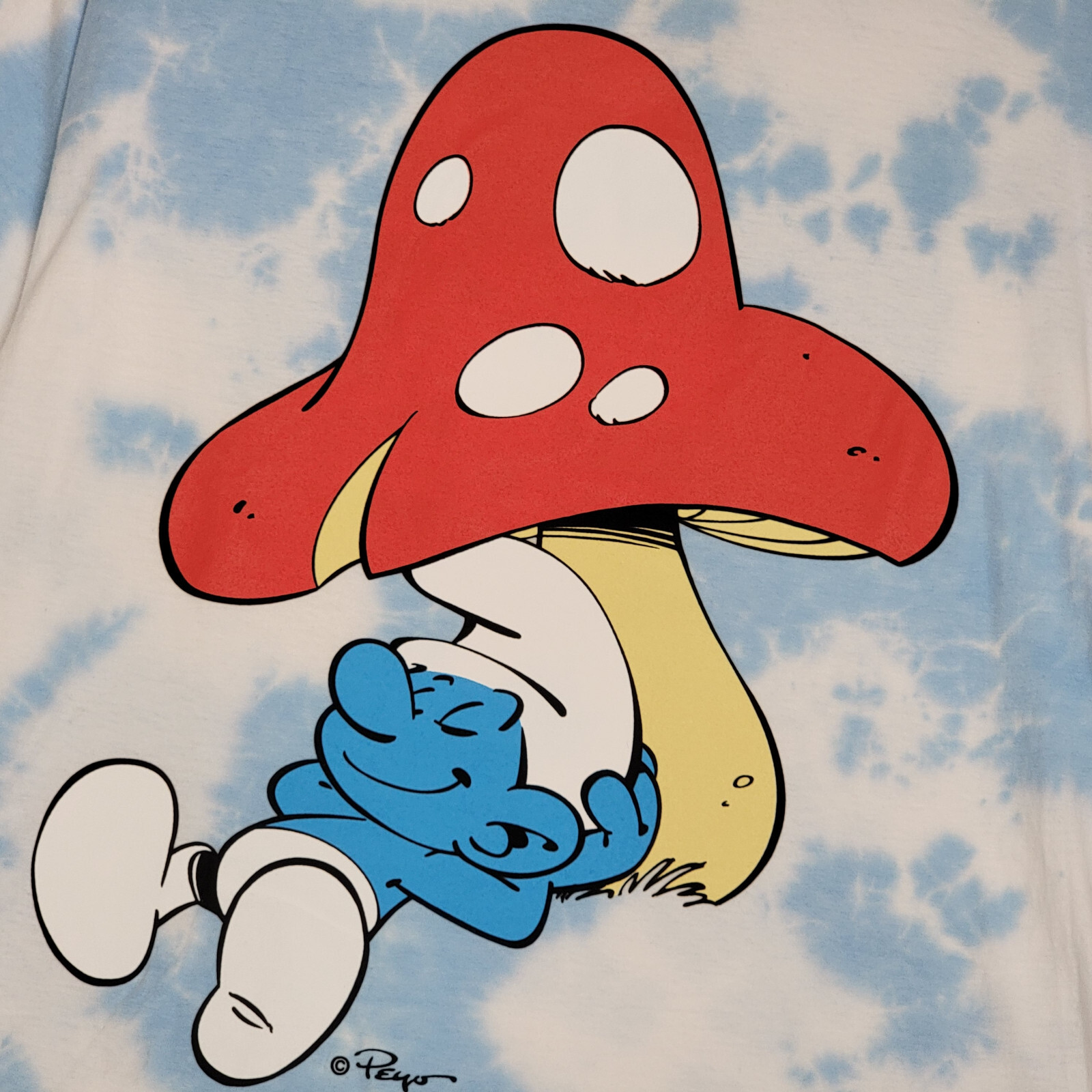 SMURFS Tie Dye SHIRT Mens Medium Blue White Mushroom Casual Animation NWT