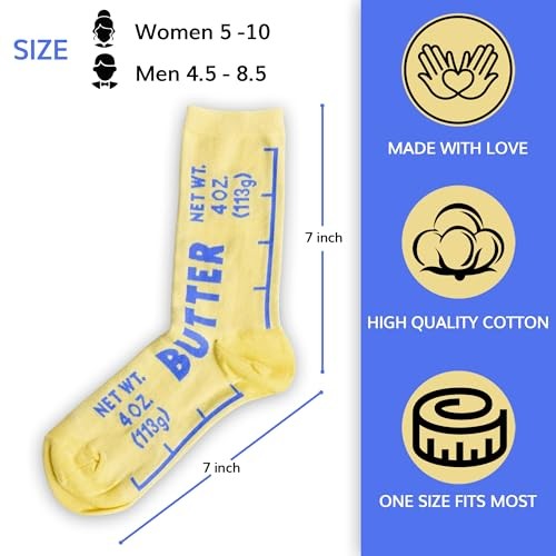 Butter Socks – Funny Food Novelty Crew Socks for Women 5–10 & Men 4.5–8.5 Blue