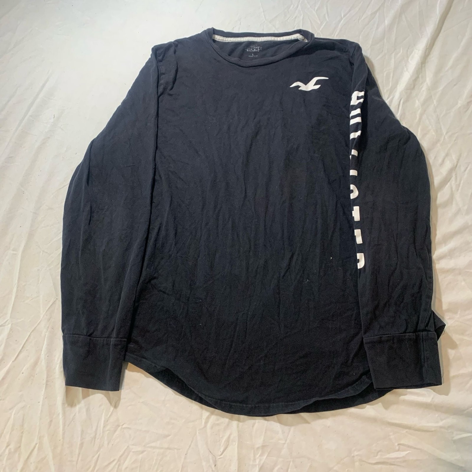 Hollister Long Sleeve Graphic Tee with Sleeve Logo, Navy Blue, Size Large