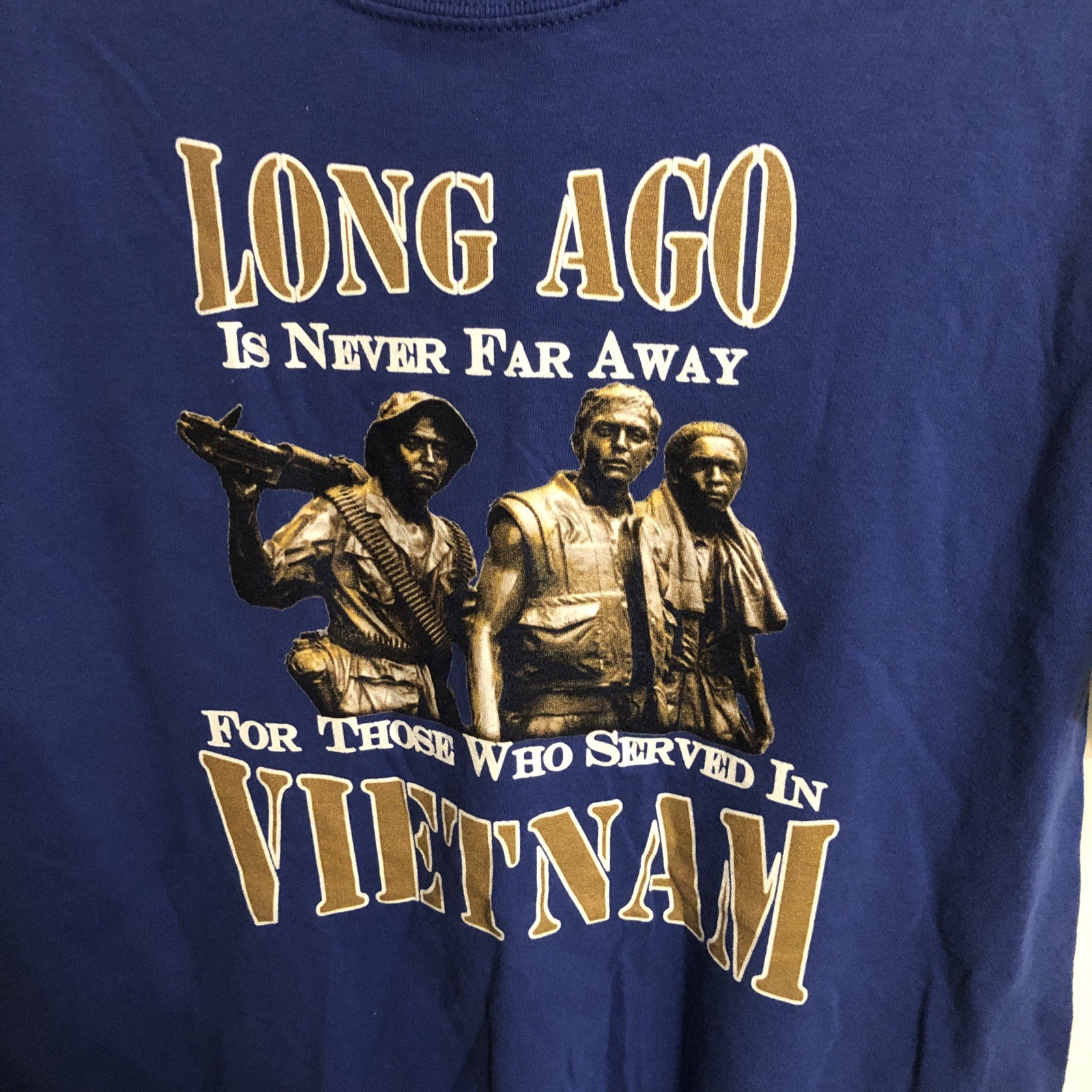 Blue Cotton Vietnam Veteran T Shirt Featuring Graphic Of 3 Soldiers+Text. Men Lg