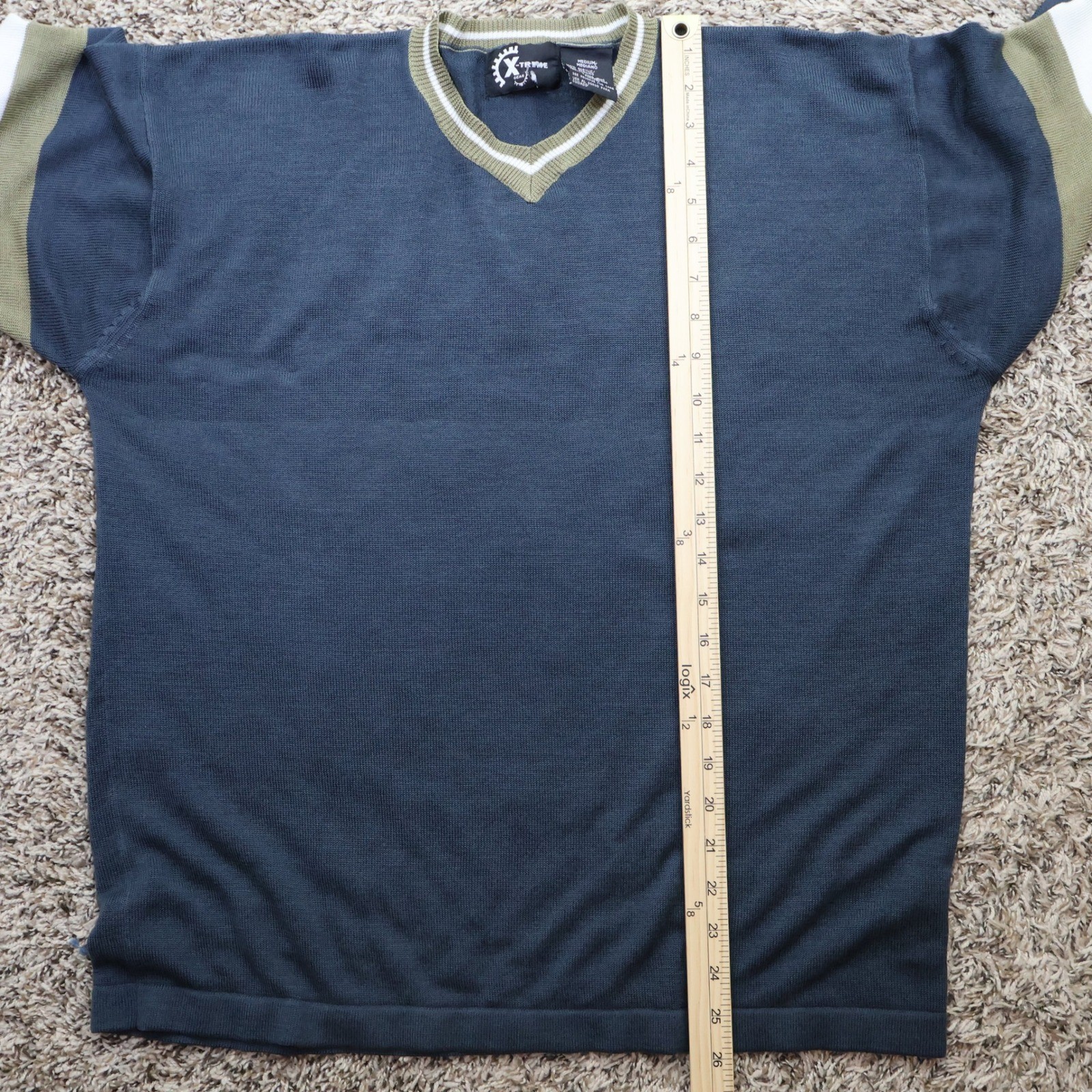 Vintage X-Treme Gear V-Neck Acrylic Shirt Size Medium Retro Striped Navy Blue
