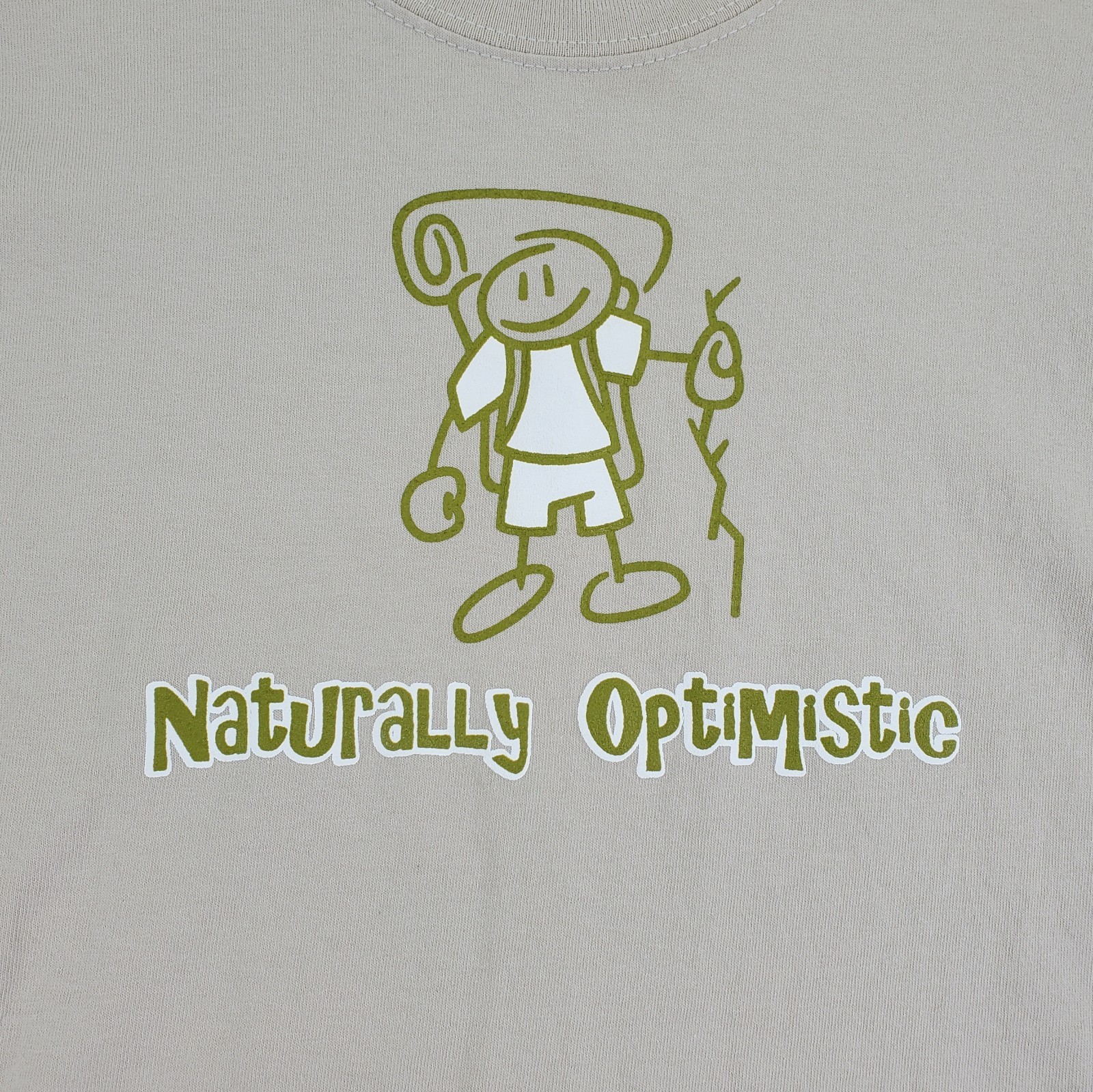 Naturally Optimistic Shirt Mens M Tan Hiking Camping Graphic Gildan Ultra EUC