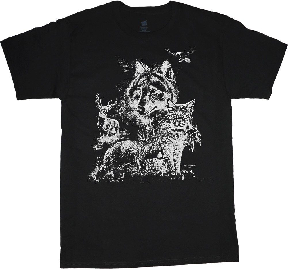 Mountain Wildlife Scene Bear Eagle Deer Bobcat T-shirt Mens Graphic Tees Gifts