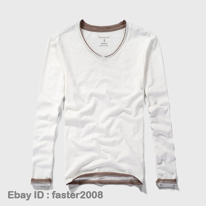 Hot Mens Long-Sleeved T-Shirts New Cotton V-Neck Solid Color Casual Slim Tops
