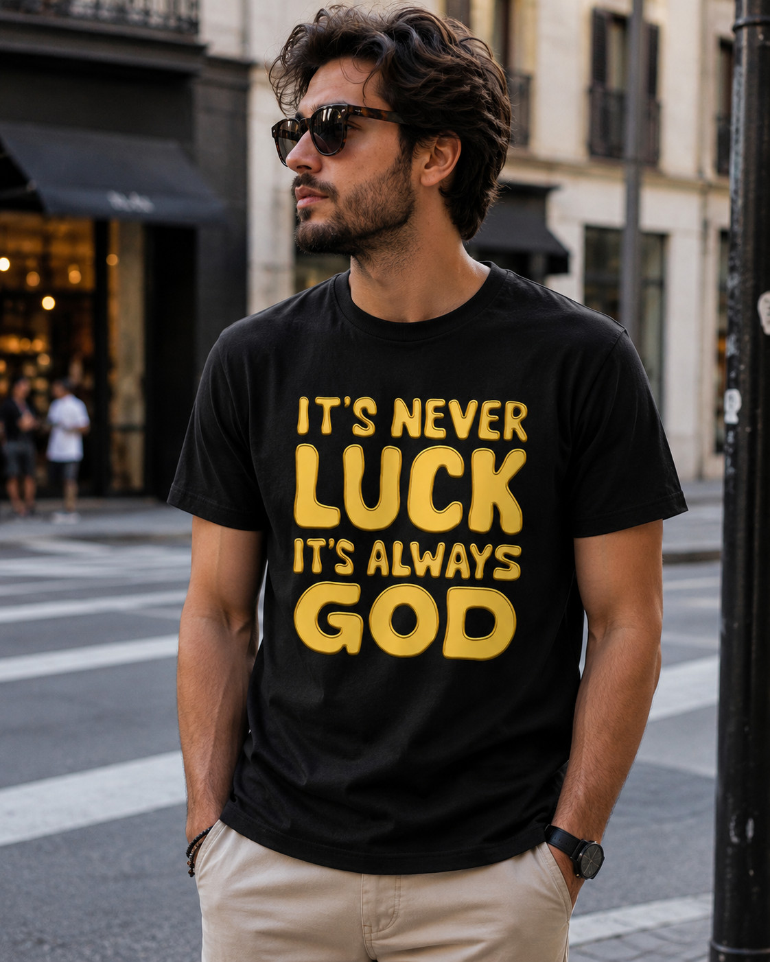 It&rsquo;s Never Luck It&rsquo;s Always God Shirt Bold Christian Faith Tee Gold Black