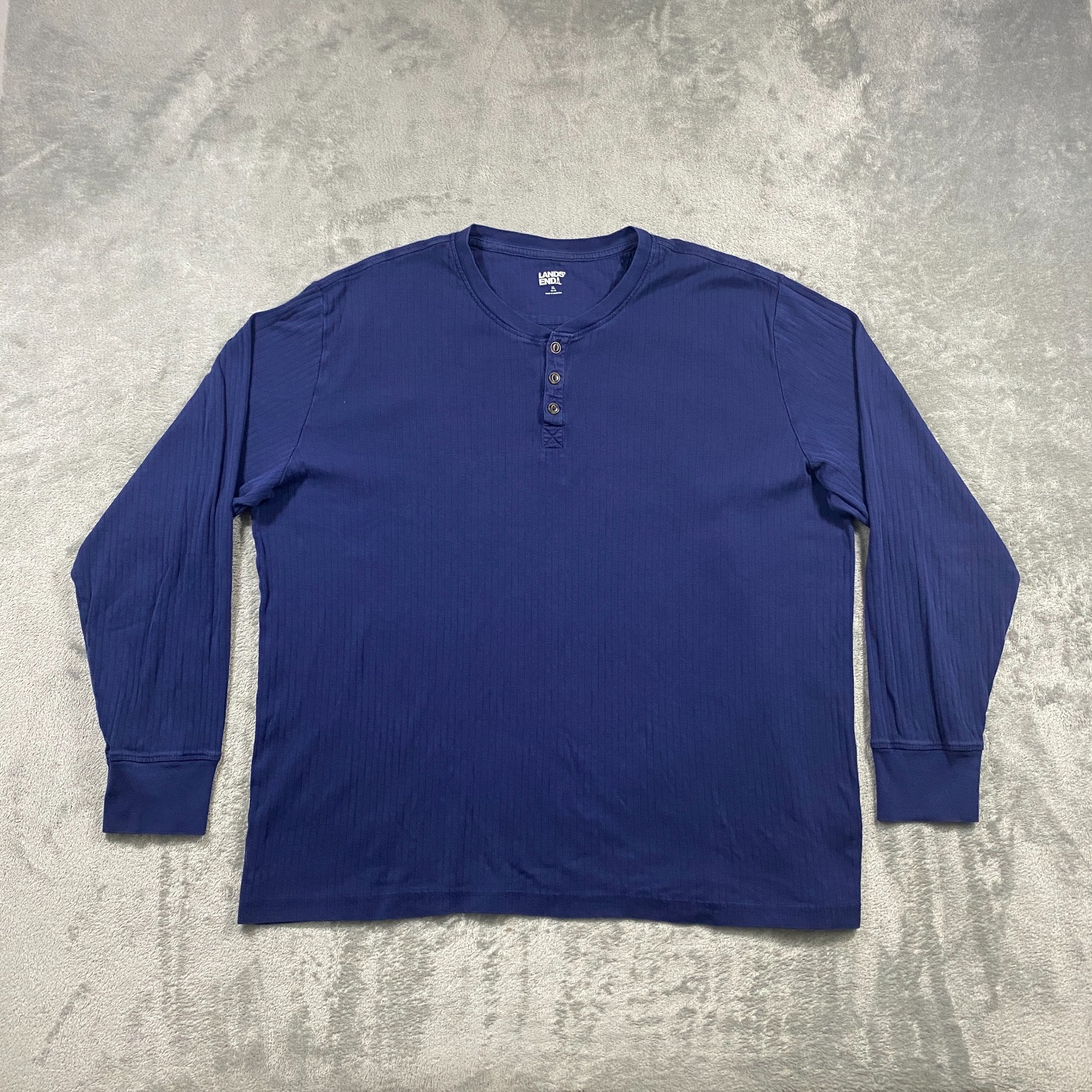 Lands&rsquo; End Henley Shirt Men&rsquo;s XL Navy Blue Long Sleeve Vertical Rib Knit Cotton