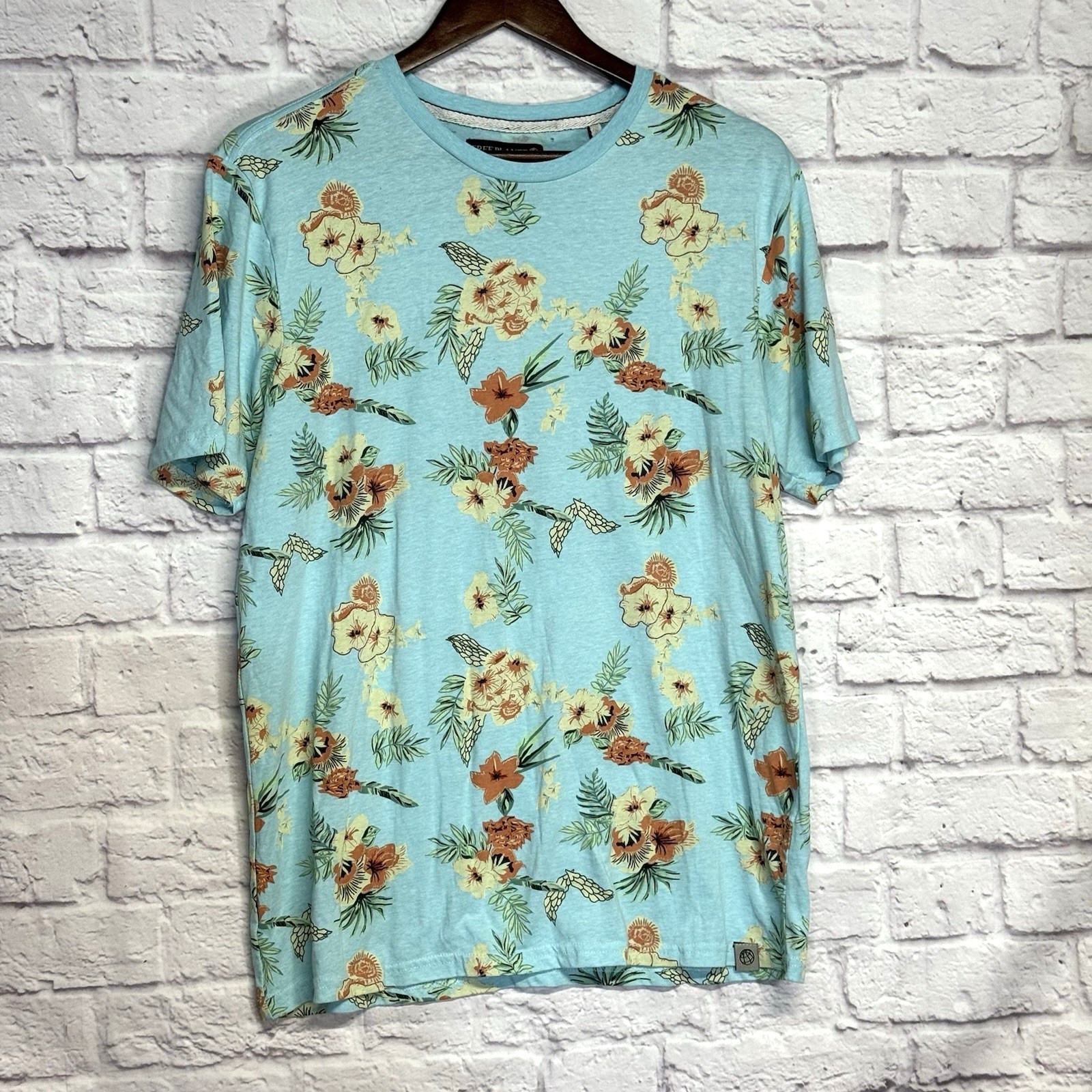 Free Planet T Shirt Floral Hawaiian Tropical Blue X Large XL Cotton/Poly