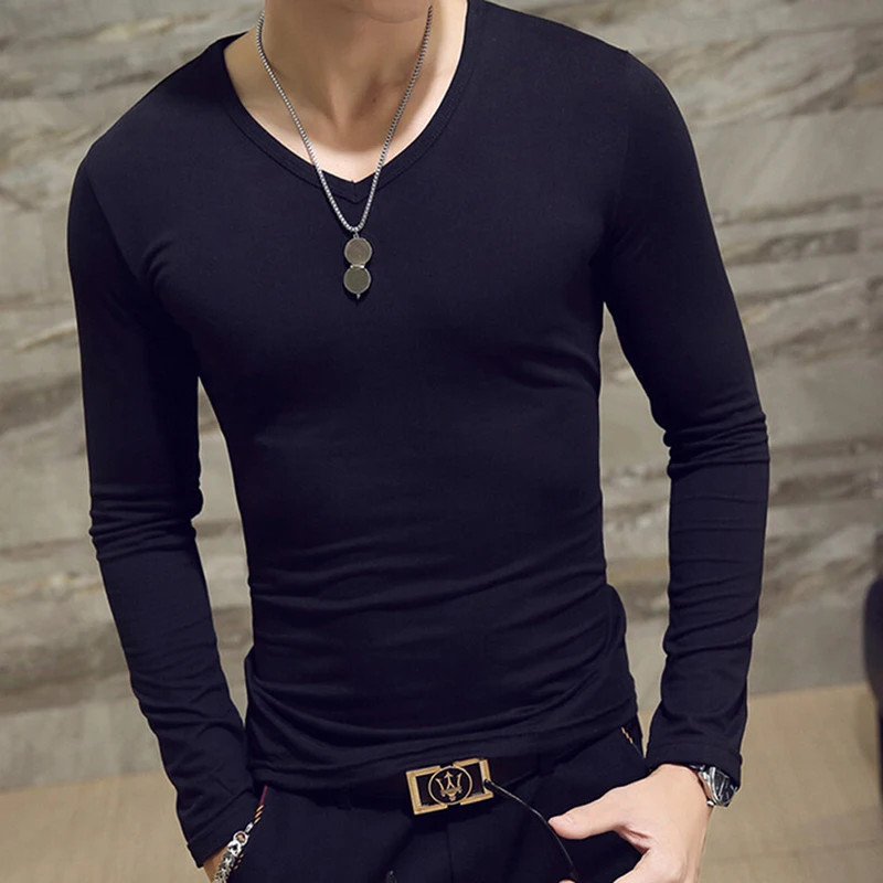 Men T Shirt Long Sleeve Slim Fit Solid Color Round Neck V Neck Cotton Top