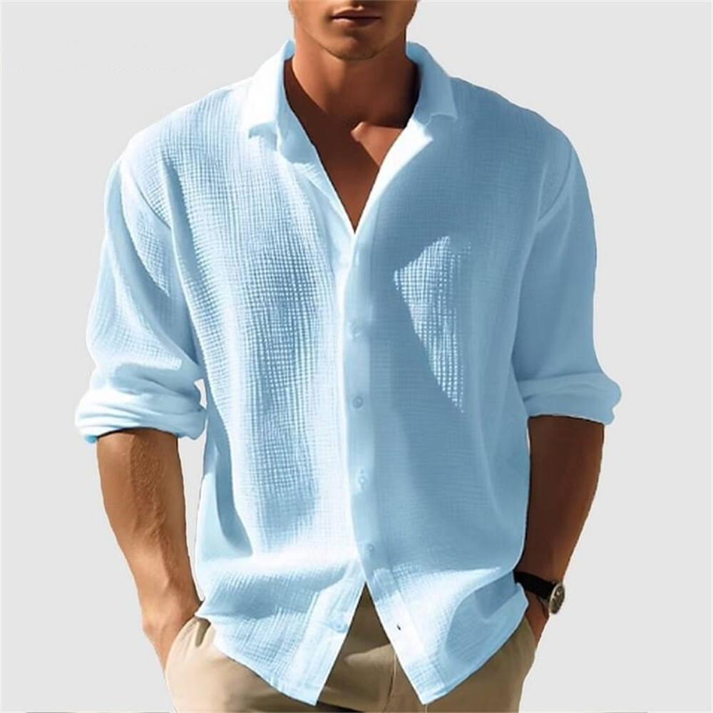 Men&rsquo;s Waffle Shirt Casual Slim Shirts Long Sleeve Button Down Tops Blouse