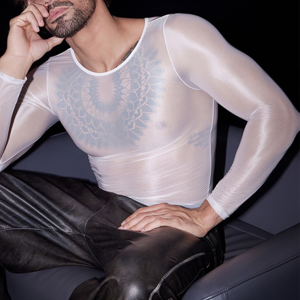 Sexy Lingerie Men&rsquo;s Oil Shiny Long Sleeve Sheer Tights O Neck Top Shirt
