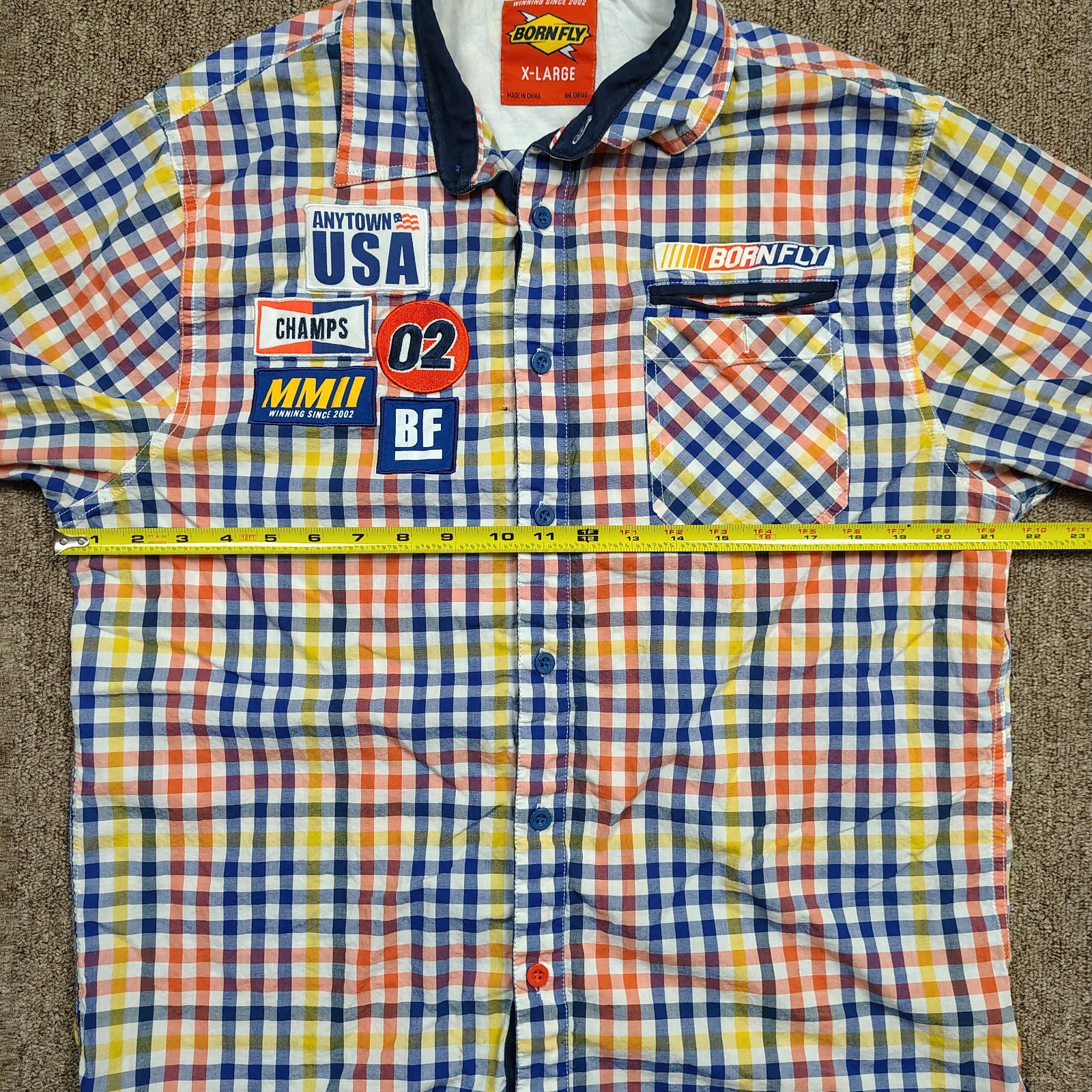 BORN FLY Shirt Men XL Plaid Short Sleeve Button Up Tide Detergent Parody Y2K