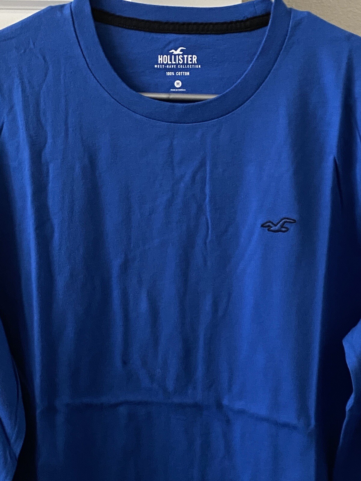 Hollister Men’s Medium Size Blue Long Sleeve Cotton Solid Graphic Tee