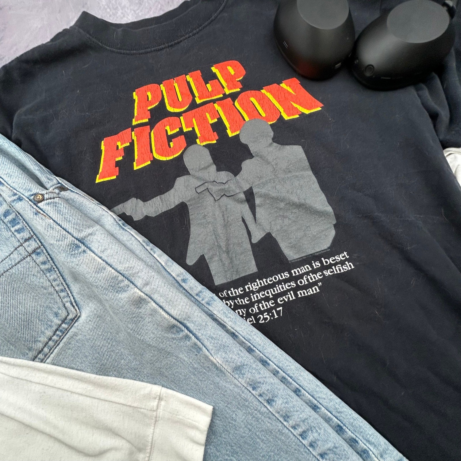 Vintage Pulp Fiction Movie Promo T-Shirt Black 90s Ezekiel 25:17 Graphic XL