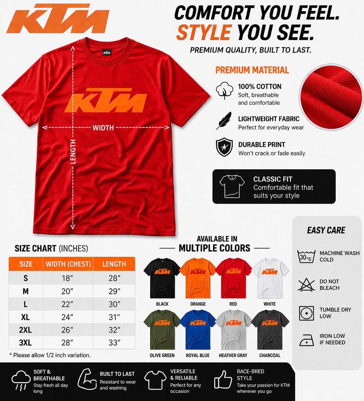 KTM Graphic T-Shirt Men | Premium Cotton Tee | Streetwear Racing Style ATV Biker